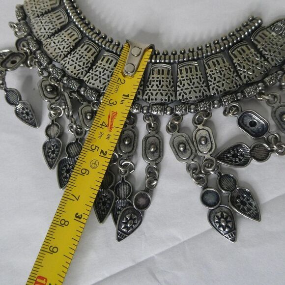 Aztec Tribal Boho Festival Bib Statement Dangle Necklace Silver Tone Charm Bead - Picture 11 of 11